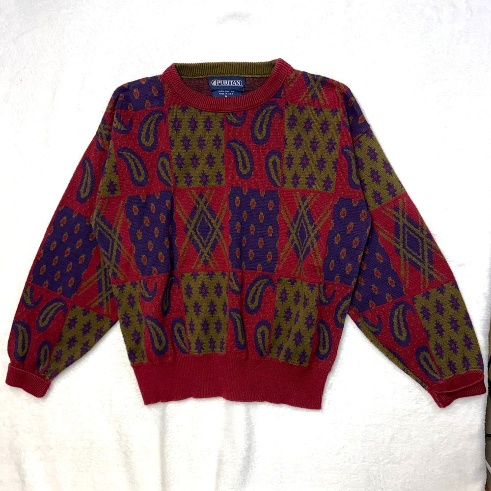 Vintage Puritan M Sweater Red Paisley Geometric Knit Grandpa Cabin Cozy USA 90s